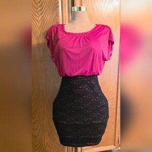 Red and Black Lace Blouson Bodycon Dress Women Size 14.
